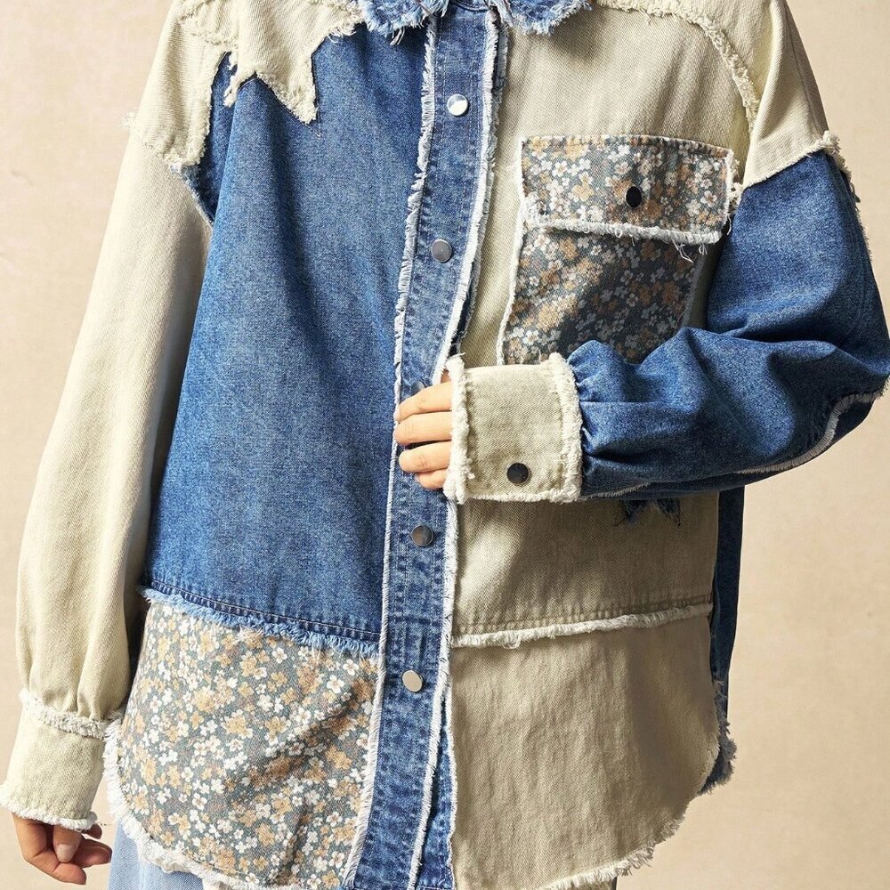 Multicolor Casual Women's Woven Patchwork Long Sleeve Loose Jacket Clothes - Picture 3 of 8
